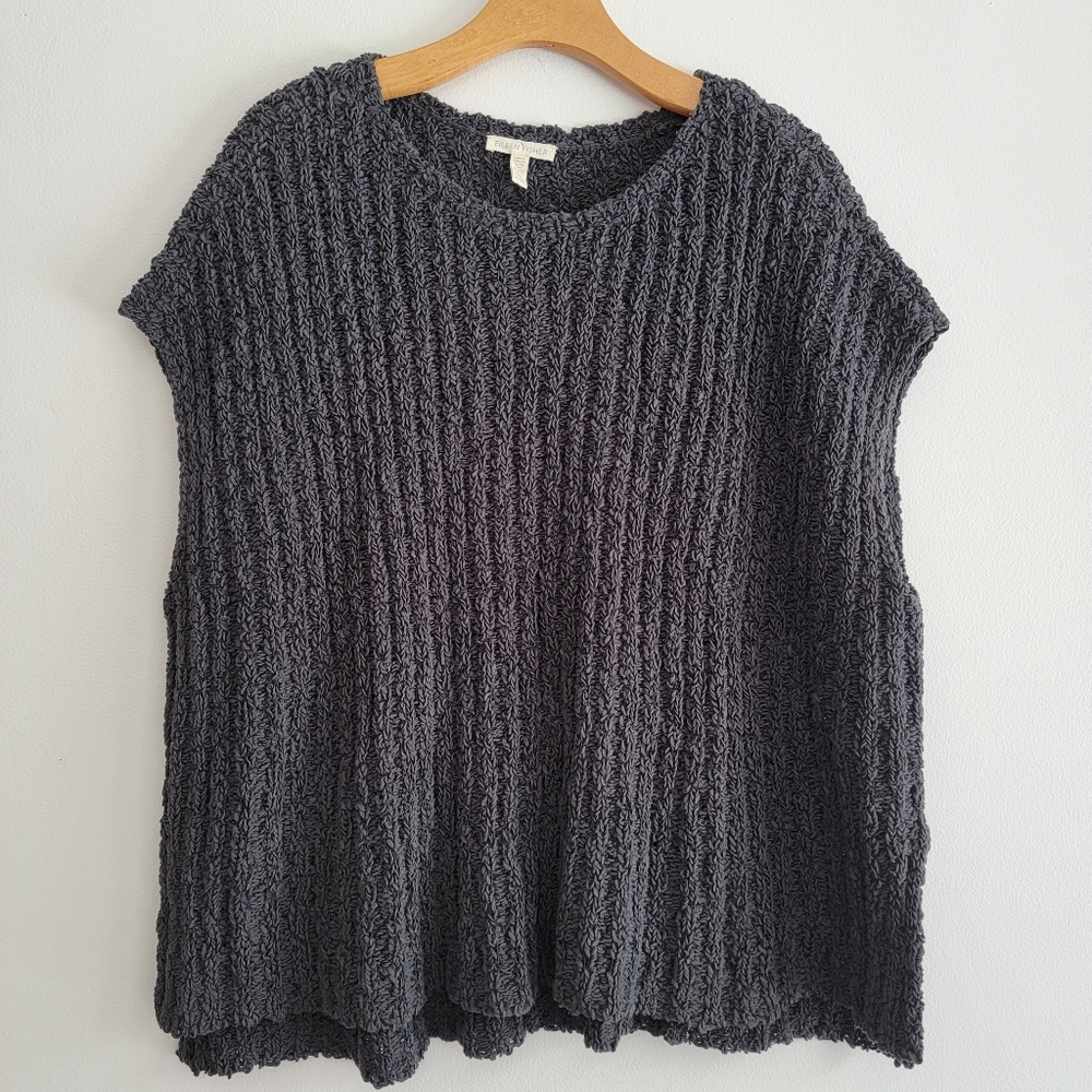 Eileen Fisher Charcoal Organic Cotton Fluff Crew Neck Vest Boucle Knit Top M - Picture 2 of 11
